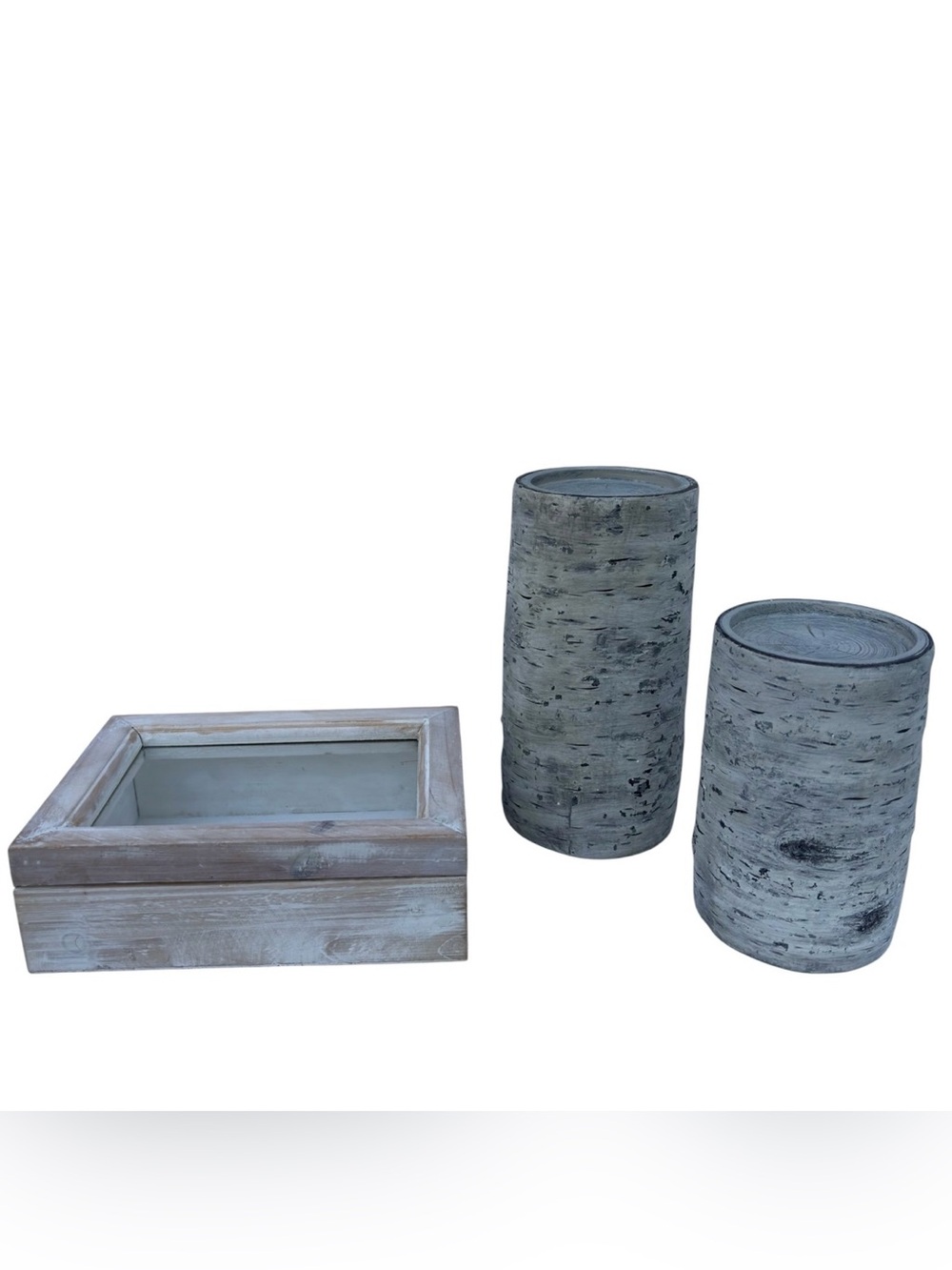 Rustic Farmhouse Decor 3 Pc Set: Wood Glass Case & Faux Birch Candle Holders